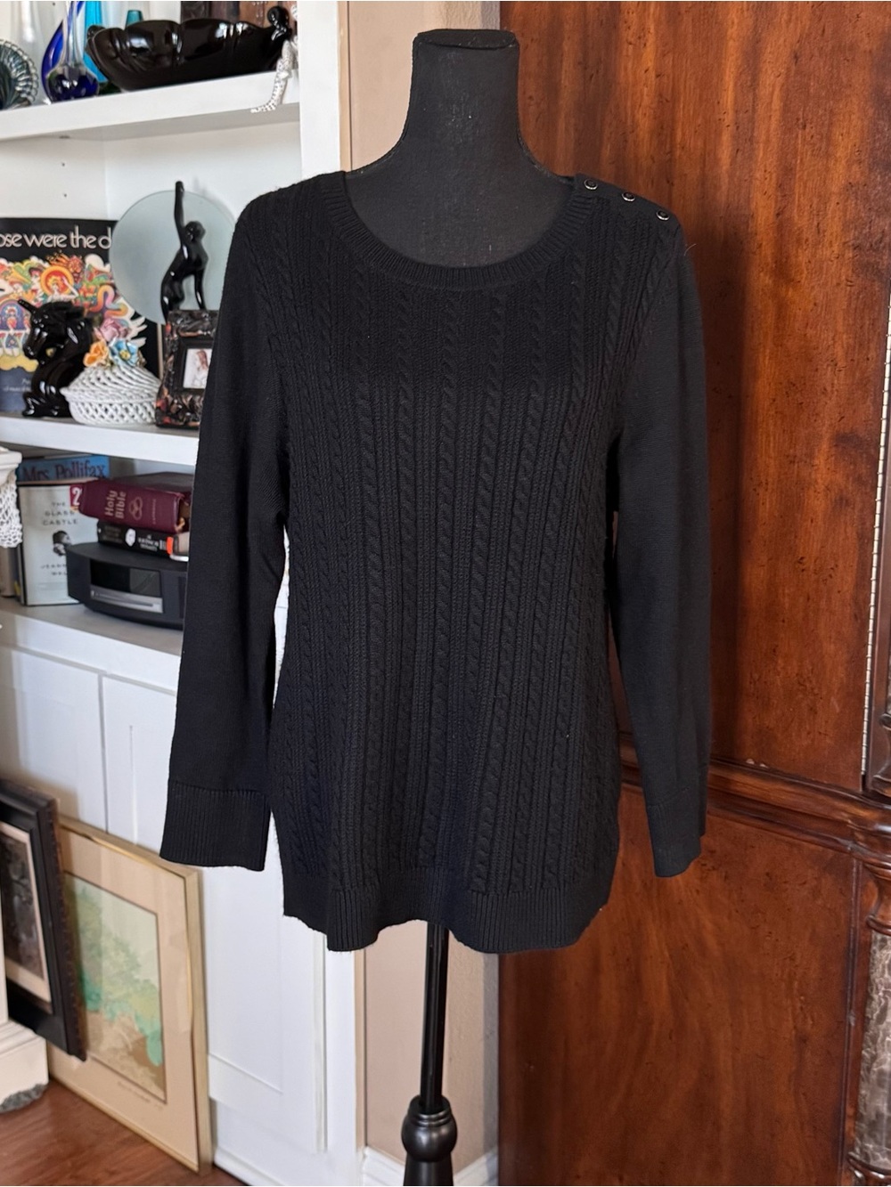 Talbots Black Cable-Knit Crewneck Sweater